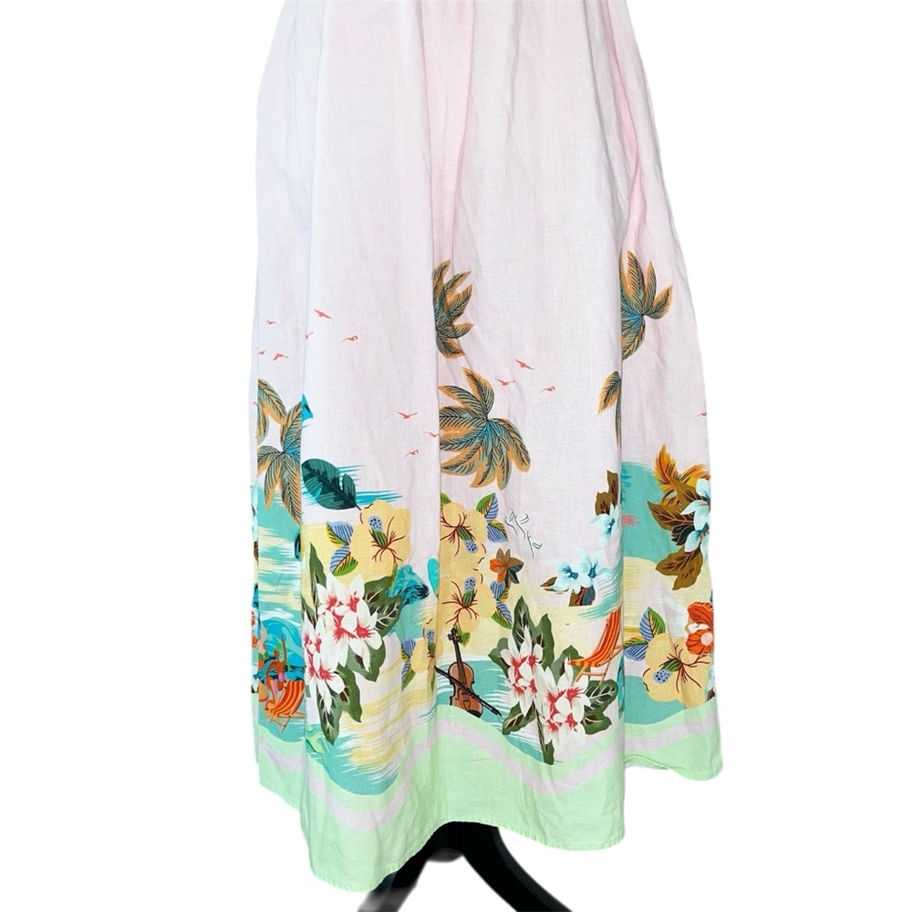Le Ragazze Linen Blend Maxi Dress Sundress Pink Palm Tree Beach Print Size L - Picture 5 of 14